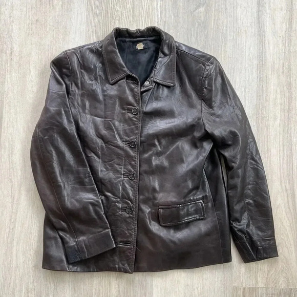 J. Crew Jackets & Blazers - Vintage J. Crew Women's Brown Buttery Leather Button Up Jacket Size L Y2K